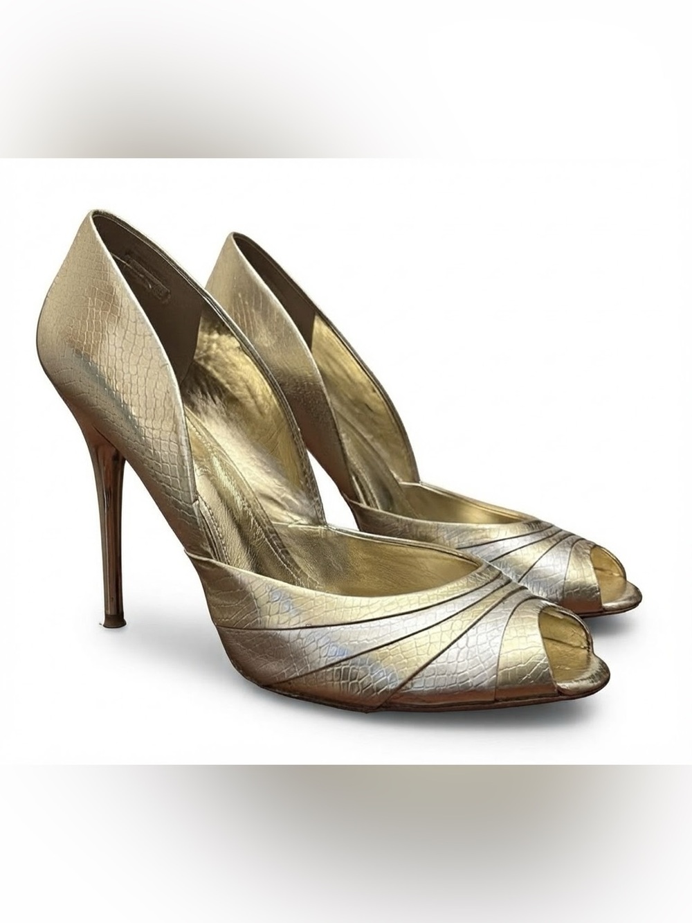 Vintage 90s Gold & Silver Croc Peep Toe Stiletto Heels Italian Leather Size 39